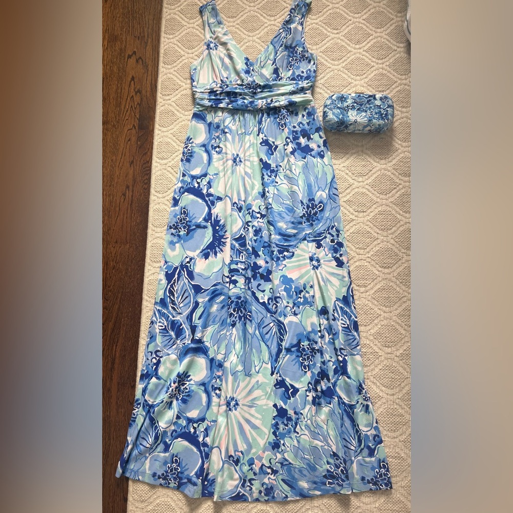 Lilly Pulitzer Coastal Blue Printed Maxi Dress, Medium W/ Matching NEW Clutch